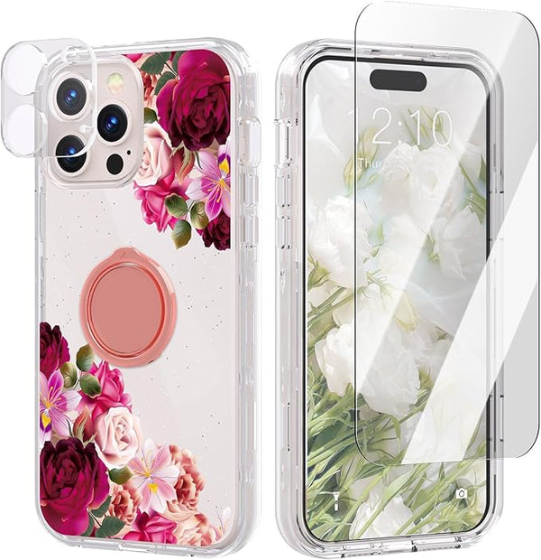 ACKETBOX iPhone 14 Pro Max Case – Floral, Ring Stand & Protectors